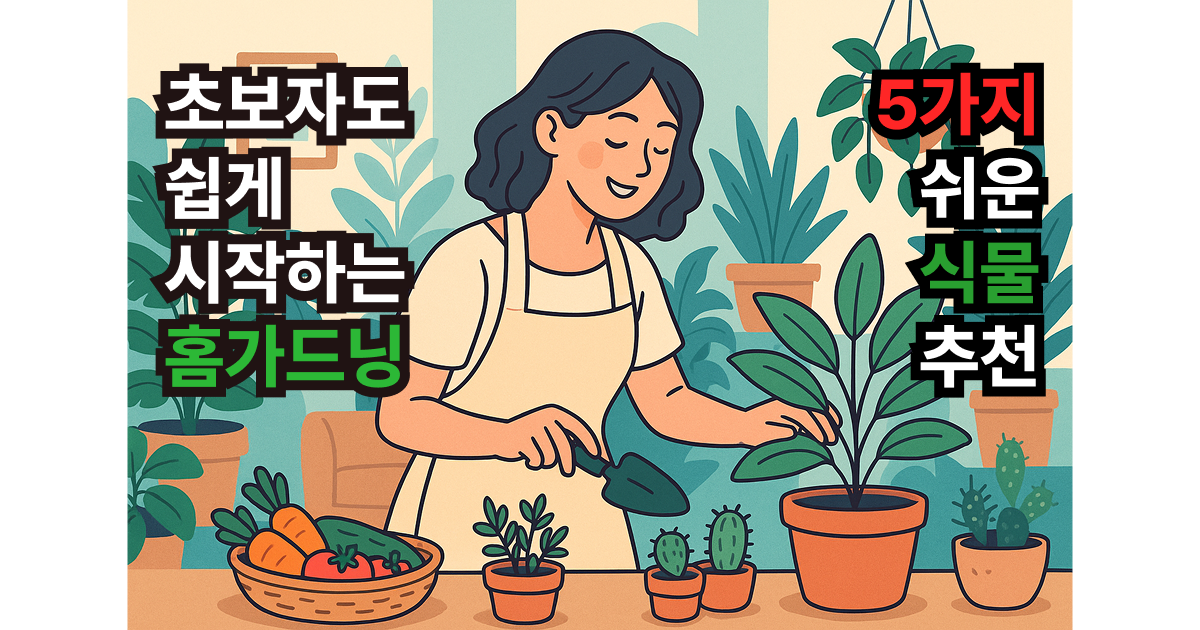 홈가드닝을 즐기는 30대 여성 만화 스타일 이미지, 실내에서 식물 돌보는 모습